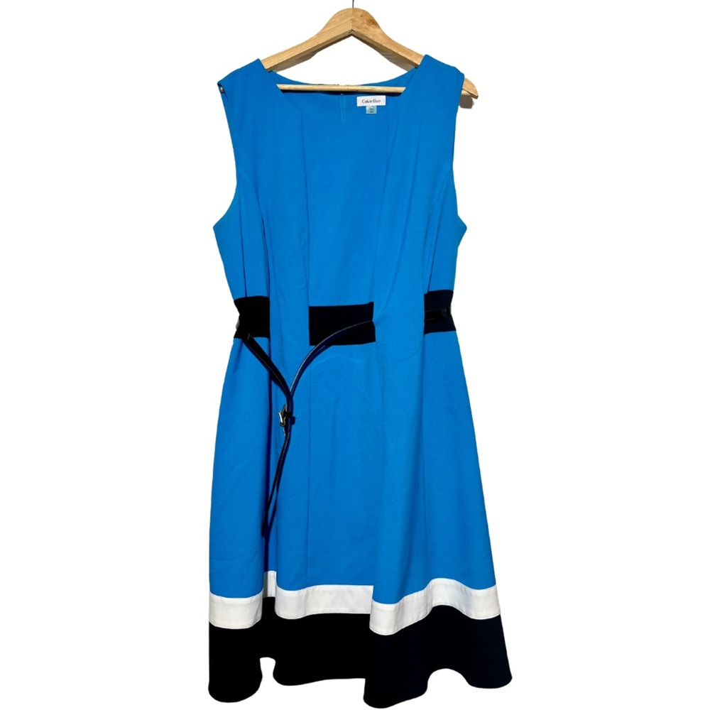 Calvin Klein Turquoise, White, Black Colorblock Fit & Flared Dress